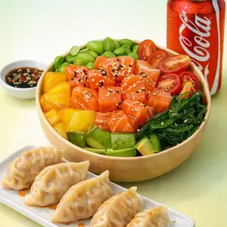 Menú poke salmón +Gyoza de cerne y una coca-cola