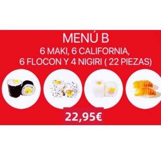 Menú B (6 maki, 6 california, 6 flocon y 4 nigiris)