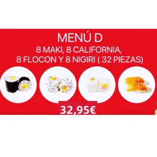 Menú D (8 maki, 8 california, 8 flocon y 8 nigiris)