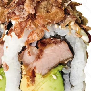 Uramaki de cebolla crujiente pato crujiente