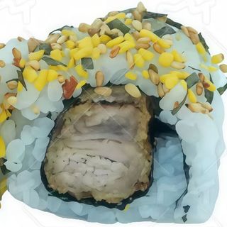 Uramaki de sésamo con tempura pato crujiente 