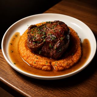 Carrillera asada a baja temperatura con puré de boniato