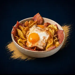 Ración de huevos rotos con jamón