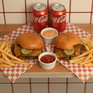 Pack Pareja Smash –  2 Double Burgers + 2 Patatas + 2 Bebidas