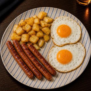 Salchicas, 2 huevos y patatas