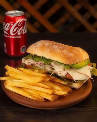 Sándwich de jamón y queso + papas fritas + bebida