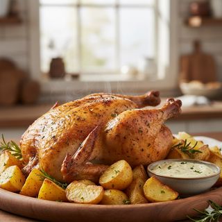 Pollo entero + patatas caliu + alioli