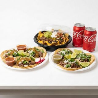 Para 2 personas. Nachos + 2 ordenes de tacos + 2 bebidas.