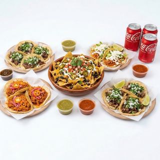 Para 4 personas! Nachos + 4 órdenes de tacos + 4 bebidas