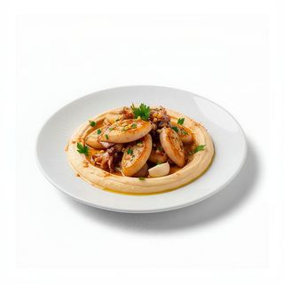 Calamarcitos Flambeados Con Ajo Y Perejil Sobre Hummus Cremoso