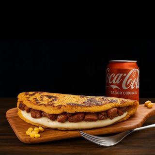 Cachapa con queso, cerdo frito y bebida