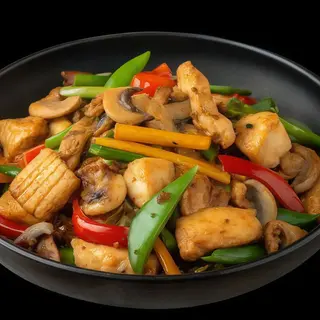 67. Pollo con bambú y setas
