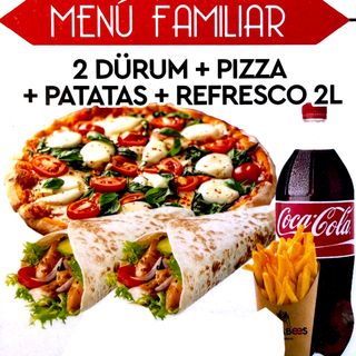Menú familiar 2 dürum, pizza, patatas y refresco 2L