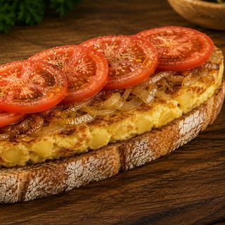 Montadito: Tortilla Española, Cebolla Y Tomate