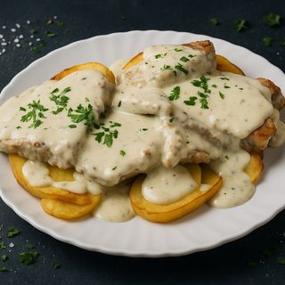 Emperador Con Salsa De Roquefort Y Patatas