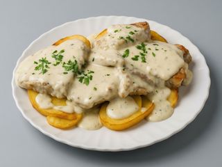 Emperador Con Salsa De Roquefort Y Patatas