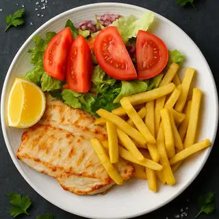 Filete De Pollo Grillado Con Patatas Y Ensalada