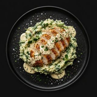 Pechuga De Pollo Con Puré De Patata Con Espinacas