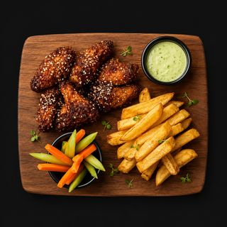 Alitas Glaseadas con Patatas y Verduras
