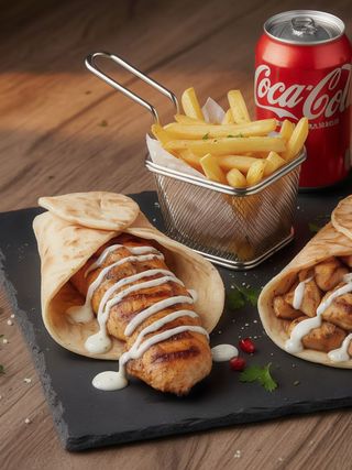 Kebab de cordero con patatas y bebida