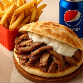 Kebab solo Carne + Patatas + bebida (330 ml.)