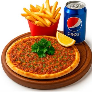 Lahmacun solo Carne + Patatas + bebida (330 ml.)