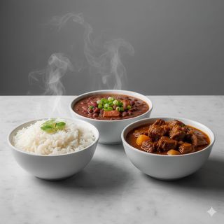 Arroz con habichuelas y terneras guisadas