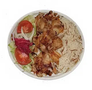 Plato de carne con ensalada y arroz