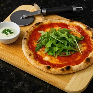 Pizza Casera Tomate Y Chile Con Aceitunas Y Salsa Alioli (30 Cm.)