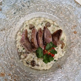 Risoto de abanico iberico, con setas y trufas.