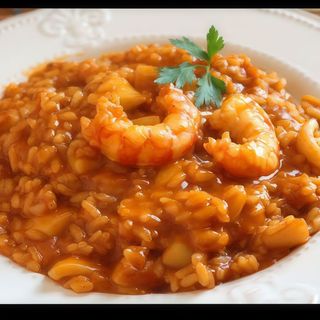 Arroz meloso de mariscos.