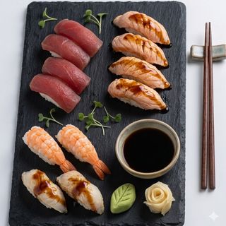 Box Nigiris (12 Uds) 4 nigiris atún, 4 salmón flambeado Teriyaki, 2 nigiri ebi, 2 pez mantequilla flambeado Teriyaki