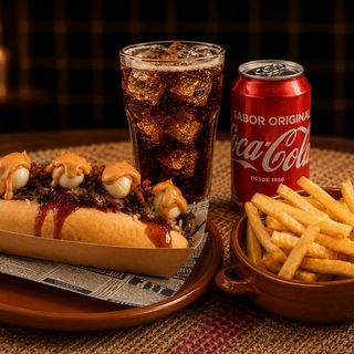 Perro caliente + papas fritas + bebida