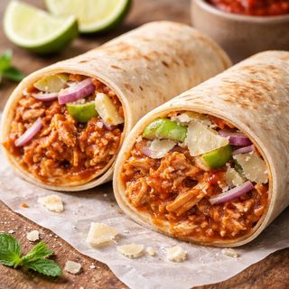 Tinga de pollo, cebolla morada, pepino, manzana y mayo verdes