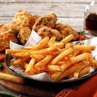 fried chicken fillet and chips.