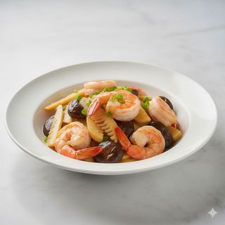 (139)Gambas con bambú y setas chinas
