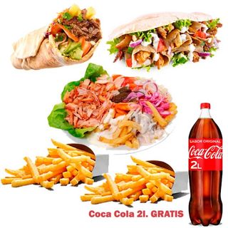 1 Rollo 1 pan pita 1 plato kebab cocacola 1 litro