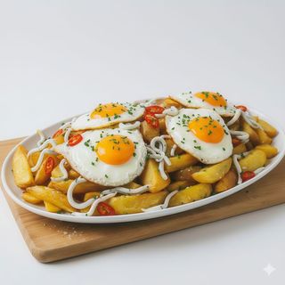 Huevos rotos con gulas (ración)