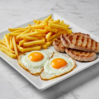 Huevos con lomo y ensalada