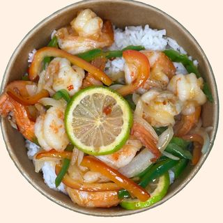 GAMBA AGRIDULCE CON PIMIENTOS Y ARROZ BLANCO