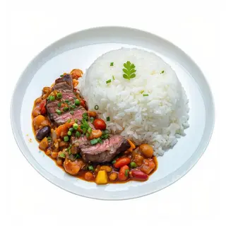 Arroz Con Menestra y Carne de ternera