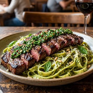 Tallarines al pesto con entraña a la brasa