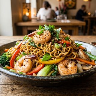 Tallarines rizados finos salteados tres delicias