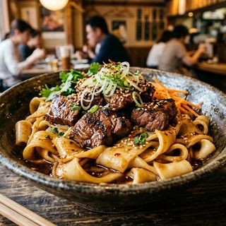 Tallarines cinturón con ternera japonés