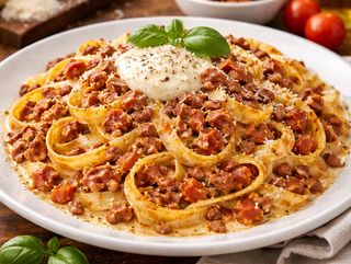 Tagleatelles con salsa boloñesa y queso mascarpone