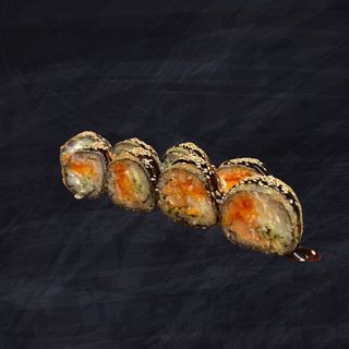 Gambas, surimi, lechuga, panko, salsa unagi, surimi mayonesa picante, sésamo, nori, arroz. 8 piezas.