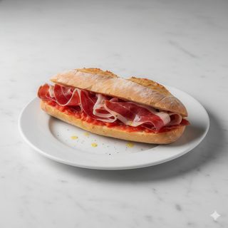 Bocadillo de jamón ibérico bellota con tomate y aceite de oliva virgen extra.