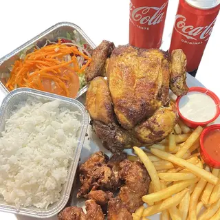Pollo alast , patata, ensalada, 2 latas , 8 alitas , arroz y salsa