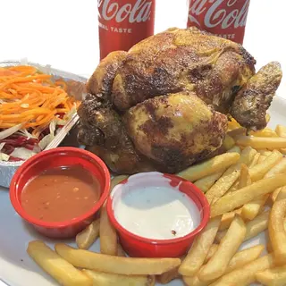 Pollo alast , patata frita , ensalada, 2 latas, arroz . Salsa