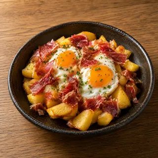 Huevos rotos con patatas y jamón